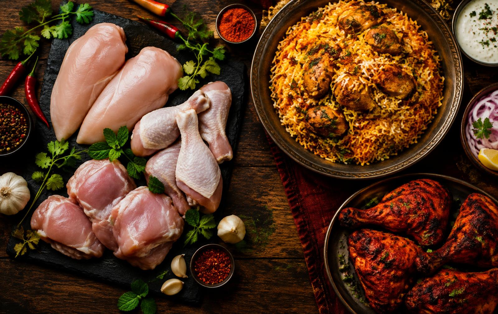Fresh chicken, biryani and tandoori